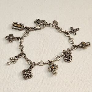 Brighton Vintage Charm Bracelet Silver Pl Crosses Heart Dangle Christian Jewelry